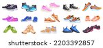 Cartoon athletic sneakers. Sport shoe pair group, fitness footwear design multicolored sneaker of active man woman walking or running comfortable footwear, neat vector illustration of footwear fashion