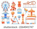 Fairground attractions. Carnival carousel and adult attraction on festival amusement park, fantasy swing rollercoaster playground wheel cartoon roundabout, vector illustration of carnival amusement