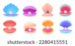 Cartoon pearl shells. Underwater pearls in shell, open scallop with luxury sphere, oysters clam seashell marine jewel shellfish sea decoration, set vector illustration of underwater pearl marine