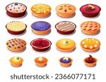 Homemade berry pies. Fruit pie pastry serving on plate sweet table, tart cake with berries custard for thanksgiving, gourmet cooked food dessert, bakery garish vector illustration