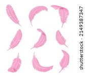 Pink feathers. Delicate color realistic bird feathering. Smooth and fluffy plume. Glamorous boa weightless elements. Flamingo wings plumage. Vector differently curved