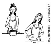 hand drawn women cooking.... | Shutterstock .eps vector #2139860167