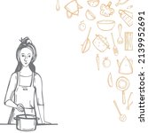 hand drawn women cooking.... | Shutterstock .eps vector #2139952691