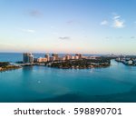 Aerial view of Halouver sandbar, boats and tip of Bal Harbour  in Miami, Florida.
