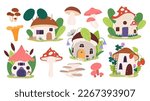 Fairytale mushroom houses, forest fairy home in plants and berries. Mushrooms isolated, cute magic dwarf buildings. Racy magic vector cartoon clipart