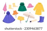 Autumn boots and accessories. Raincoat, umbrella and hat. Colorful rainy season clothers. Adults and childs raincoats, racy cartoon vector graphic