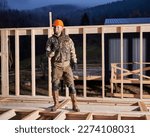 Small photo of Male worker building wooden frame house. Man standing on construction site in orange safety helmet, gesturing rock and roll symbol, showing obscene horns gesture.