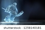 translucent ise sculpture of ice hockey goalie in dinamic pose with dramatic light and dust particles in the air. hockey legend, competition, winner concept background 3d render