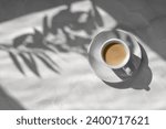 White ceramic saucer and cup with coffee drink on neutral marble gray table background with aesthetic floral sunlight shadows, feminine business branding template.
