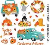 fall pumpkins and sunflowers... | Shutterstock .eps vector #2051350667