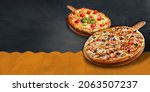 Small photo of 2 pizza Concept promotional flyer and poster for Restaurants or pizzerias, template with delicious taste pizza, mozzarella cheese and copy space for your text