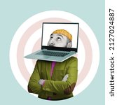 Small photo of Businessman with a laptop instead of a head, art collage. Online research concept.