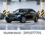 Small photo of St Petersburg, Russia - November 1, 2021: Mercedes-Benz E-CLass 200 V W213, S213, C238 front view, three quarters view, headlight on