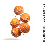 Small photo of Fly delicious vanilla cupcakes. Cupcakes in paper liners with colorful icing stars fly isolated on white background.