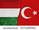 Turkey and Hungary painted flags on a wall with a crack. Hungary and Turkey relations.Turkey and Hungary flags together