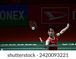 Small photo of Wang Zhi Yi from China winning the woman single of Daihatsu Indonesia Masters 2024 badminton championship in Istora Senayan, Jakarta, Indonesia. 28 January 2024