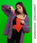 Small photo of Upset woman showing red arrow pointing down, concept of downgrade, unsuccessful business, fall of stock market money exchange rate bankruptcy fail. Girl isolated on chroma key background, green screen