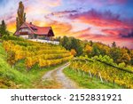 Fabulous vineyards landscape in South Styria near Gamlitz. Autumn scene of grape hills in popular travell destination Eckberg. Location: Gamlitz, district of Leibnitz in Styria, Austria. Europe.