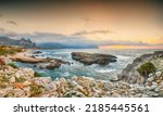 Small photo of Breathtaking evening seascape of Isolidda Beach near San Vito cape. Popular travel destination of Mediterranean sea. Location: San Vito Lo Capo, Province of Trapani, Sicily, Italy, Europe