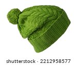   knitted green hat isolated on white background.hat with pompon .