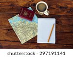 map  passport  notebook and cup ... | Shutterstock . vector #297191141