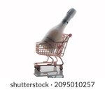 Small photo of MERIDA-YUCATAN-MEXICO-NOVEMBER-2021: Jp cheney brand semi dry white wine bottle on small scale pink shopping cart.