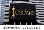 Small photo of Jakarta - January 19,2023: The words "Oscars"on a black LED billboard advertising. are awards for artistic and technical merit for the American film industry. Oscars ceremony held at the Dolby Theatre