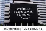 Small photo of Jakarta January 17,2023: World Economic Forum (WEF) logo seen on billboard. Is an international non-governmental and lobbying organisation founded by by German engineer and economist Klaus Schwab.