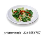 Small photo of Stir fry Chinese cabbage, stir fry Napa cabbage, tumis sawi putih served on white plate on isolated background. Stir fried Chinese cabbage, stir fried Napa cabbage