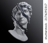 Abstract illustration from 3D rendering of a white marble bust of male classical sculpture broken shattered in three large pieces and tiny fragments isolated on dark lit background.