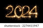 Small photo of Happy New Year 2024. Burning sparkling text 2024 isolated on black background. Beautiful Glowing design element for greeting card and holiday flyer