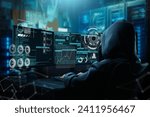 Dangerous hooded hacker breaks into private servers. Infects the system with viruses. The hacker is in a dark hideout with many cables and data servers