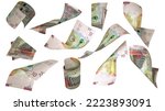3D rendering of 10 Kuwaiti dinar notes flying in different angles and orientations isolated on white background