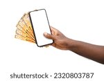 Small photo of Black hand holding mobile phone with blank screen and Sierra Leonean Leone notes
