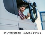 Small photo of Truck driver sitting in his truck showing thumbs up. Trucker occupation. transportation services.