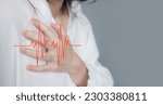 Small photo of Asian beautiful Women touch chest heart attack symptom. Pain from heart stroke with heart rate pulse line. Healthcare and medical concept.