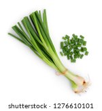 green onion isolated on white background, flat lay, top view