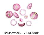 sliced red onion isolated on white background ,flat lay ,top view