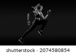 Small photo of Sprinter run. Strong athletic woman running on black background wearing in the sportswear. Fitness and sport motivation. Runner concept.