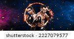 Small photo of Boxing concept. Sports betting. Design for a bookmaker. Download banner for sports website. Two boxers on a fiery background.