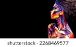 Small photo of Woman in color body painting on her face. Horizontal banner. Cover art for your mixtape, video, song or podcast. Bodyart design for book covers.