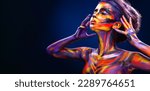 Small photo of Woman in color body painting on her face. Horizontal banner. Cover art for your mixtape, video, song or podcast. Bodyart design for book covers.