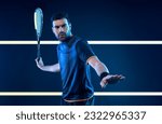 Squash player on a squash court with racket. Man athlete with racket on court with neon colors. Sport concept. Download a high quality photo for the design of a sports app or betting site.