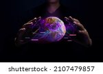 Small photo of World Technology Concepts. Global Network and Data Exchange. Worldwide Business. Telecommunication, Finance and Internet of Things. Gesture Hand Levitating Globe