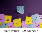 Small photo of Mind, Mental Health Concept. Varieties of Mood and Emotion Inside Out. many Sticky Notes on Board with Handwriting Cartoon Emoticon Face