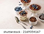 Traditional Italian dessert tiramisu with blueberries in glass. Individual trifle. Homemade layered cake with berries in cup. Copy space. Selective focus.