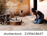 Small photo of Voodoo temple. Voodoo fetish statues. Togoville. Togo. 05-31-2019