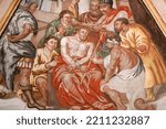 Small photo of Notre Dame de l'Assomption de Cordon church. Fresco. Passion of Christ. Jesus is scourged and crowned with thorns. France. France. 07-26-2020