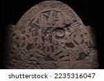 Small photo of Stockholm, Sweden - Sept 2022: View of viking stone in Statens historiska museet, with Odin, Thor and Freyr, Swedish History Museum