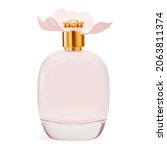 Small photo of Beautiful Pink and Gold Bottle of Perfume. Women's Eau De Parfum. Floral Perfume Spray Bottle Isolated on White. Fruity Fragrance for Women. Modern Luxury Lady Parfum De Toilette